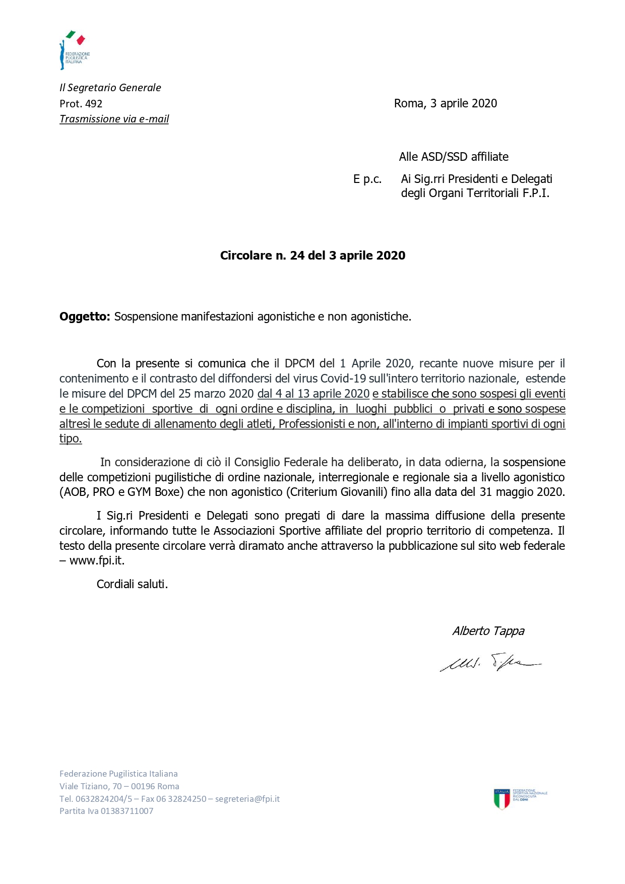 Circolare N. 24 del 3 aprile 2020 Sospensione attivit