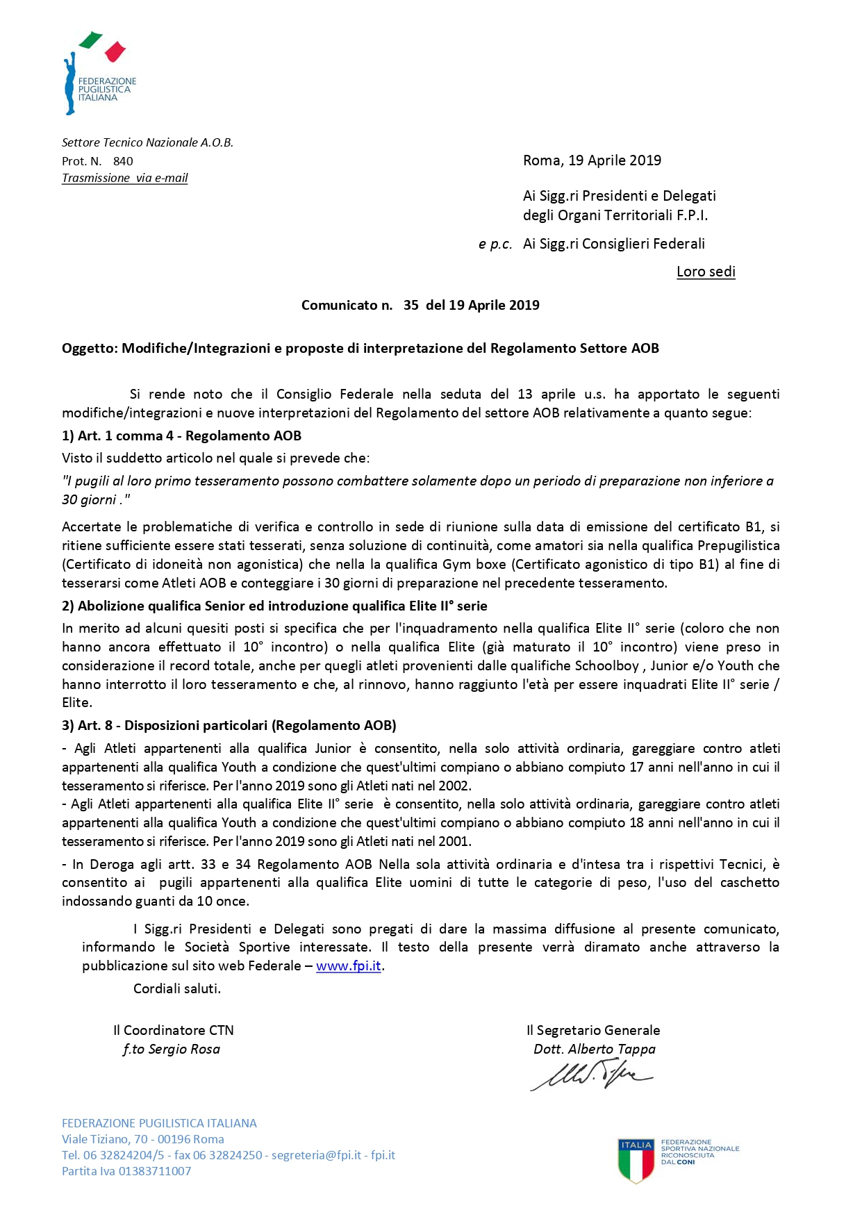 Comunicato n. 35 del 19.04.2019 Modifiche e nuove interpretazioni Reg. AOB page 0001