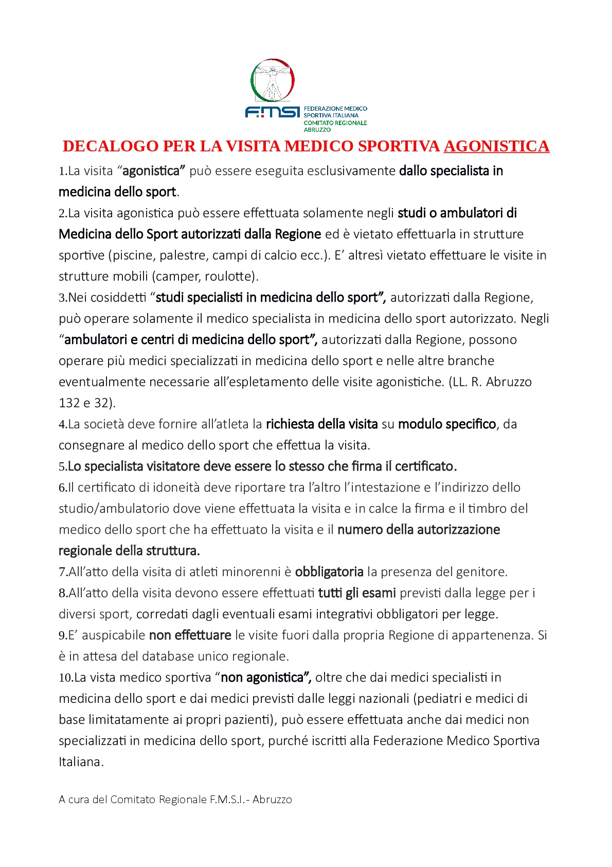 decalogo per la visita medico sportiva fmsi abruzzo